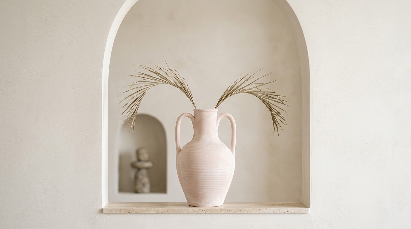 Pale blush terracotta vase with handles set in an arched plaster wall niche