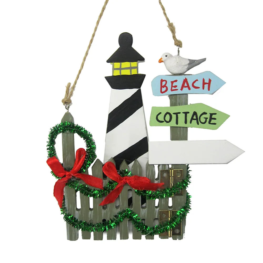 5" LIGHTHOUSE CHRISTMAS ORNAMENT W/FENCE
