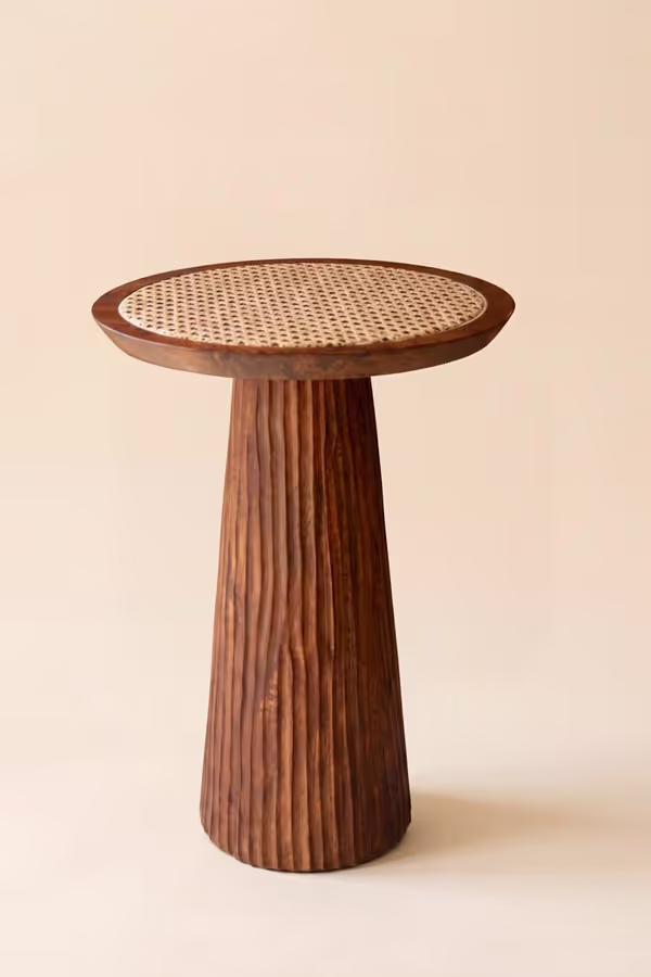 Round Wooden Side Table with Woven Cane Top