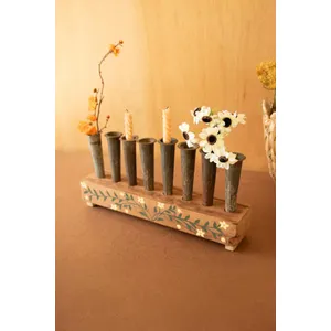 Eight Metal Bud Vases with Hand-Painted Wooden Base 1