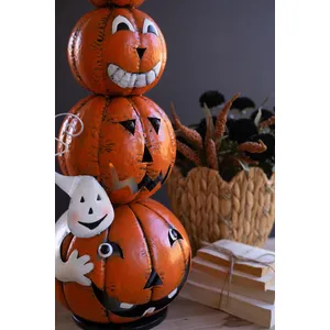Painted Metal Stack of 4 Jack-O-Lanterns with Witch Hat Luminary 5