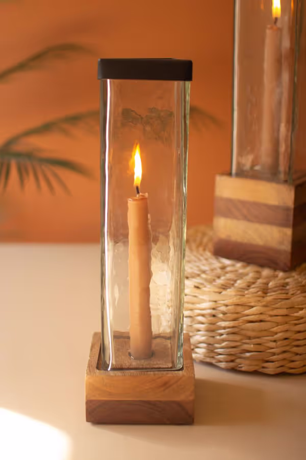 Set of 2 Square Glass and Wood Taper Candle Holders