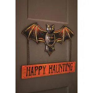 Hand-Hammered Painted Metal Bat with Happy Haunting Sign Wall Hanging 2