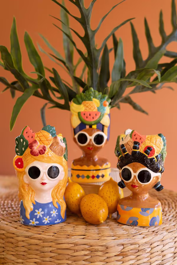 Set of 3 Ceramic Lady Vases with Fruit Hats
