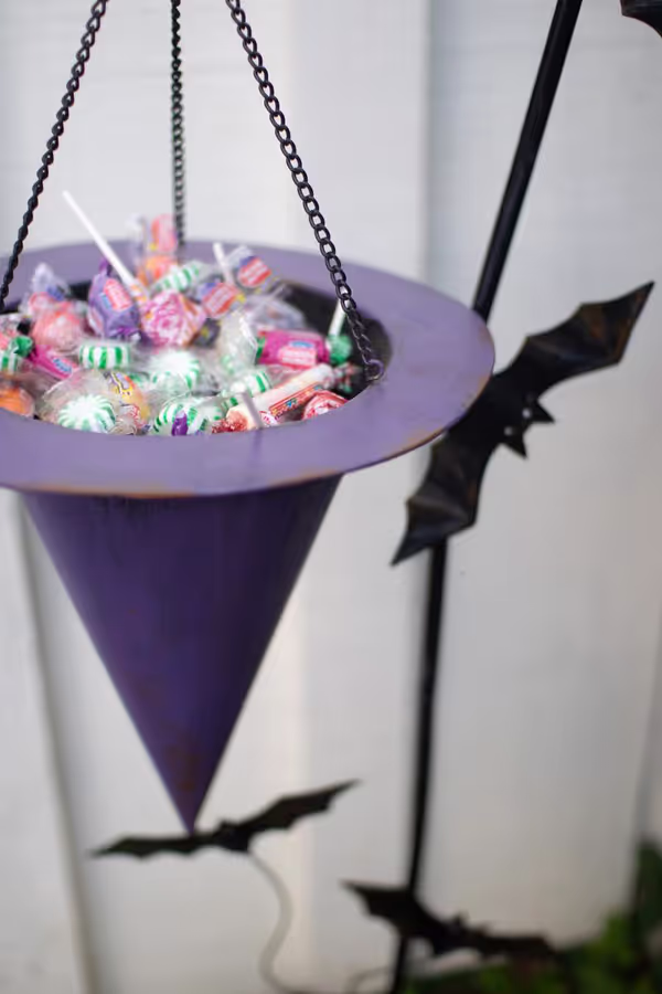 Painted Metal Halloween Witch Hat Candy Holder