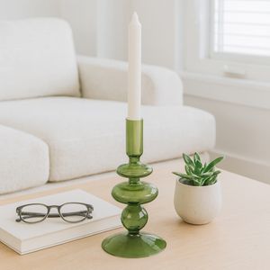 7" VINTAGE GLASS TAPER CANDLE HOLDER, OLIVE 9