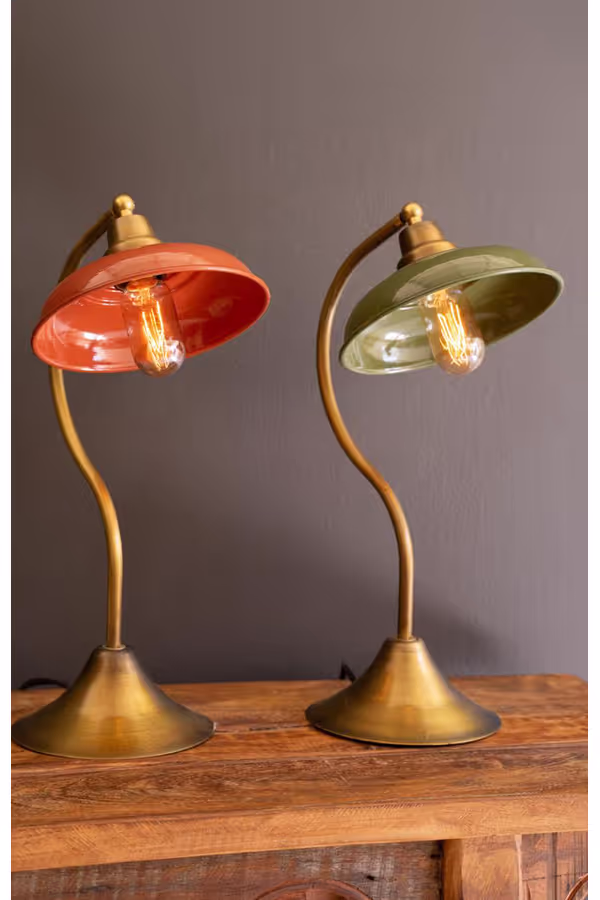 Antique Brass Table Lamp with Green Enamel Shade