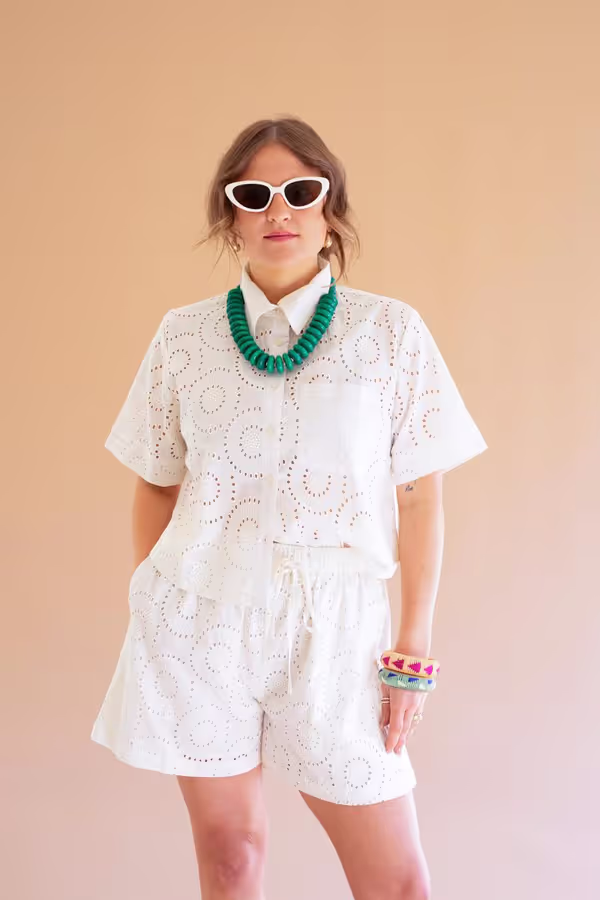 Eyelet Button Down Short Sleeve Shirt