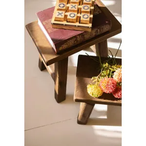 Set of 2 Dark Brown Rectangle Wood Stools 4