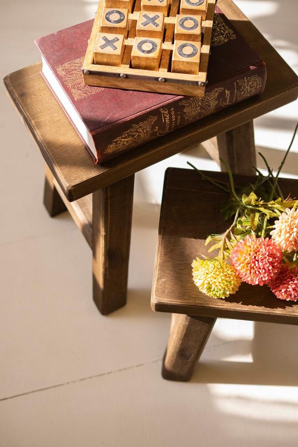 Set of 2 Dark Brown Rectangle Wood Stools