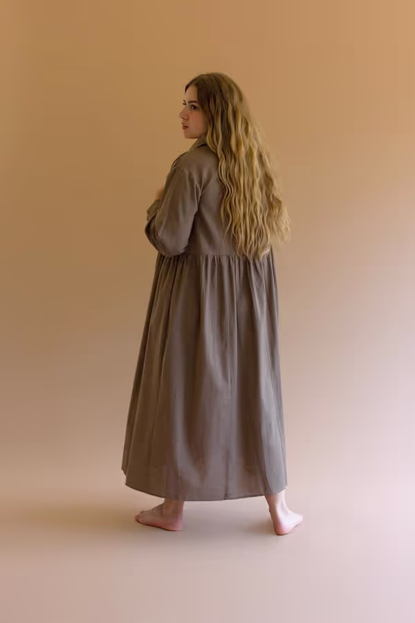Long-Sleeve Buttondown Dress with Pockets - Mocha