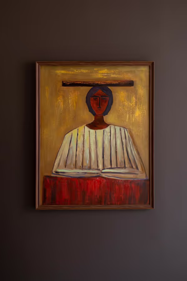 Framed Stylized Woman in Hat Painting