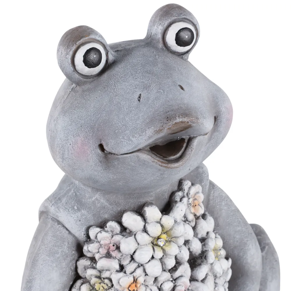 13X10" SITTING FROG WITH SOLAR FLOWERS, GREY MULTI