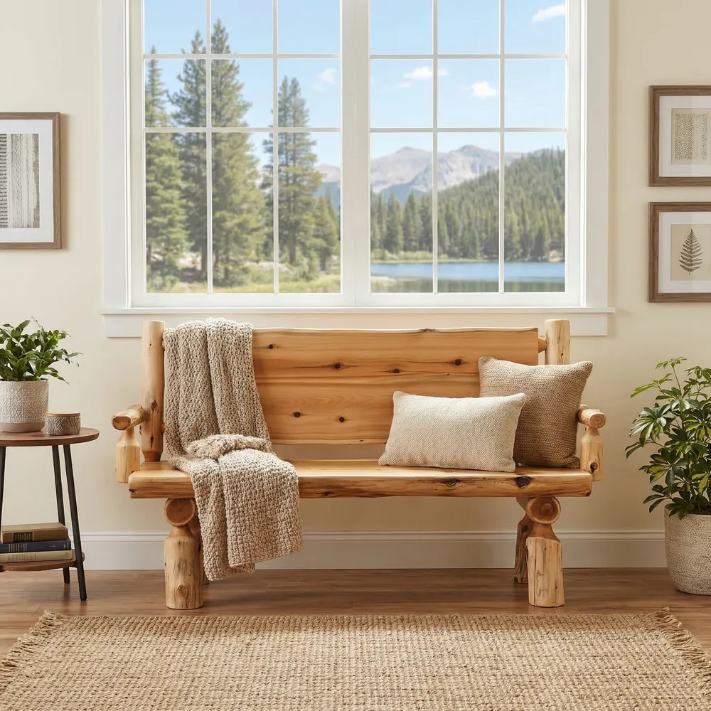 Cedar Log 4-foot Bench with Solid Back and Arms - Coffee