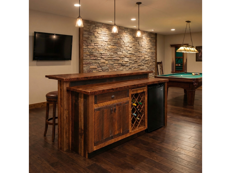Barnwood 7-foot Bar with Standard Cabinet - Artisan Top - Refrigerator Opening on Right 1