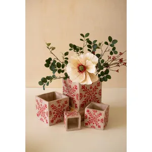 Set of 4 Square Cement Christmas Planters with Red Detail 1