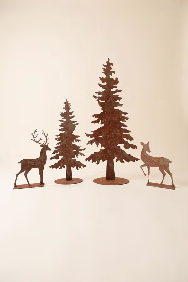 Set of 4 Rustic Metal Christmas Trees and Reindeer