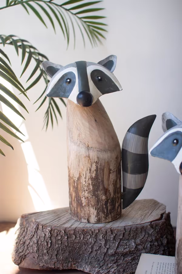 Set of 2 Recycled Wood and Iron Raccoons