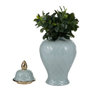 CER, 20"H ROPE TEMPLE JAR, BLUE/GOLD 3
