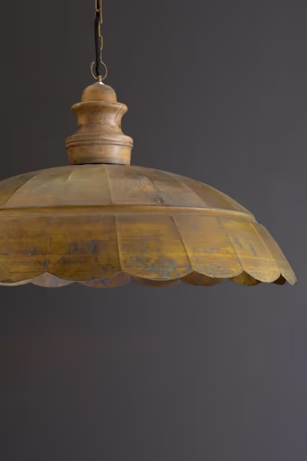 Wide Dome Antique Brass Pendant Light with Wood Detail