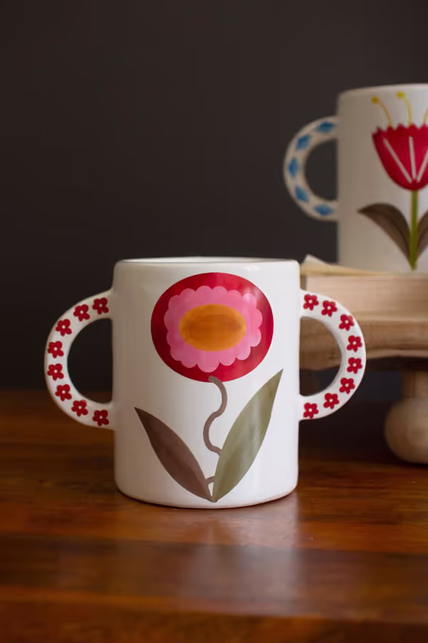 Set of 3 Ceramic Double Handle Vases with Flower Detail