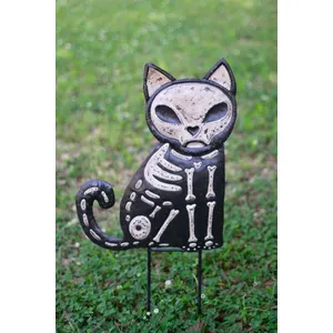 Set of 2 Hand-Hammered Painted Metal Cat and Dog Skeleton Yard Stakes 2