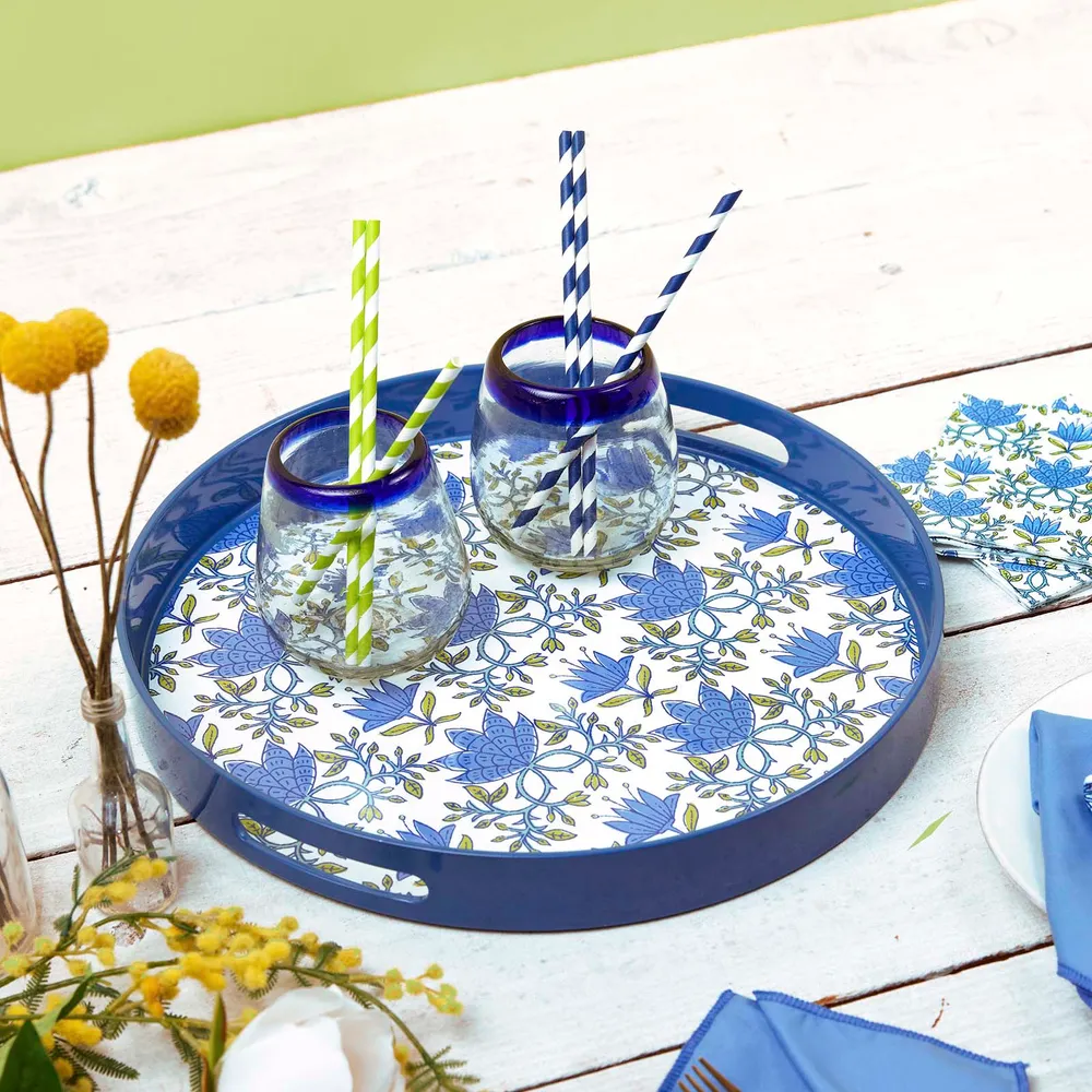 Blaire Blue  Round Lacquer Serving Tray