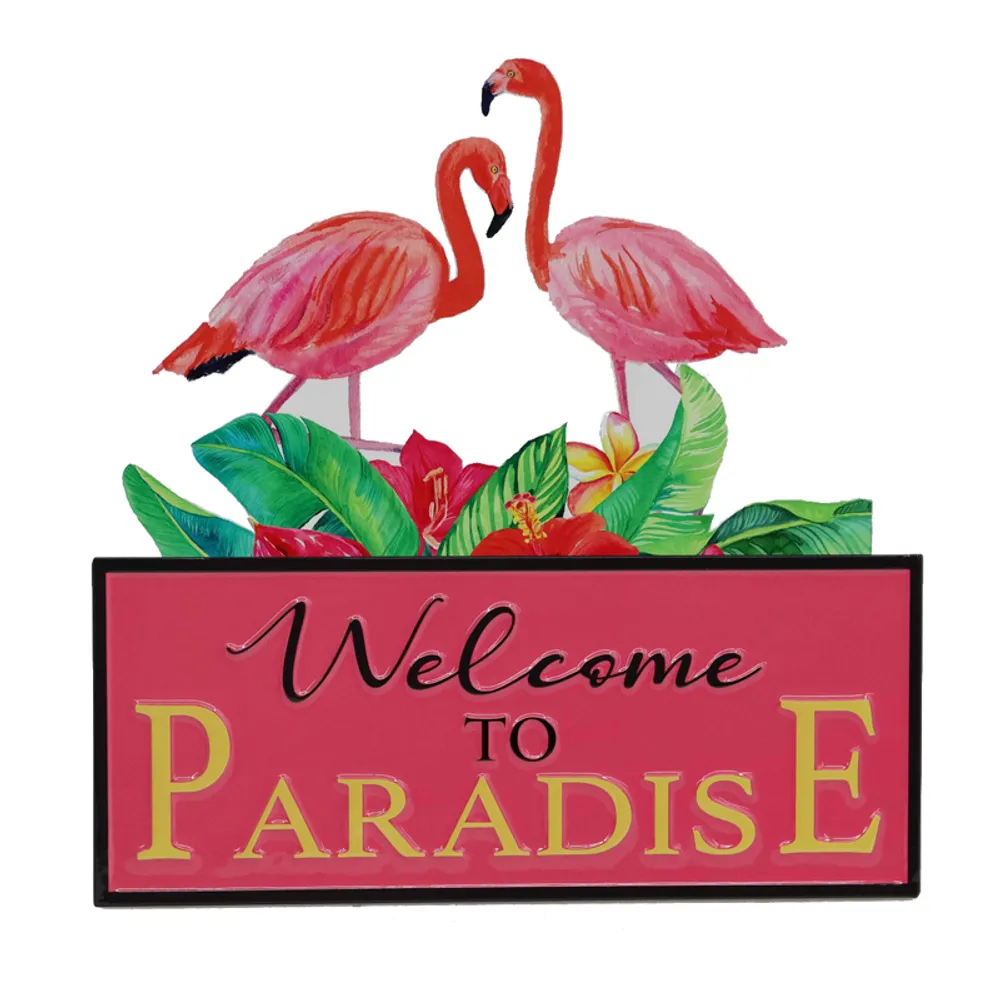 18" WELCOME PARADISE FLAMINGO PLAQUE