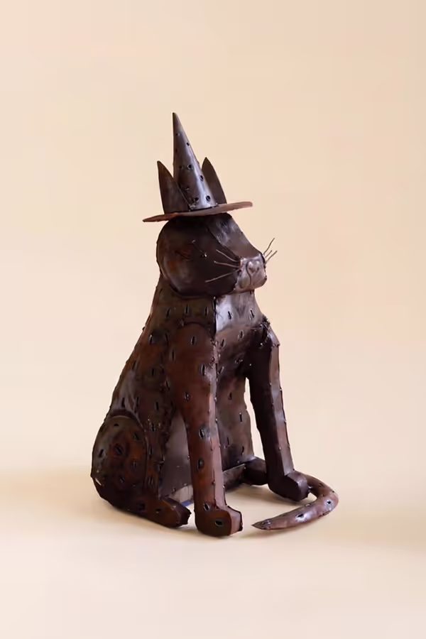 Rustic Iron Cat with Witch Hat Luminary