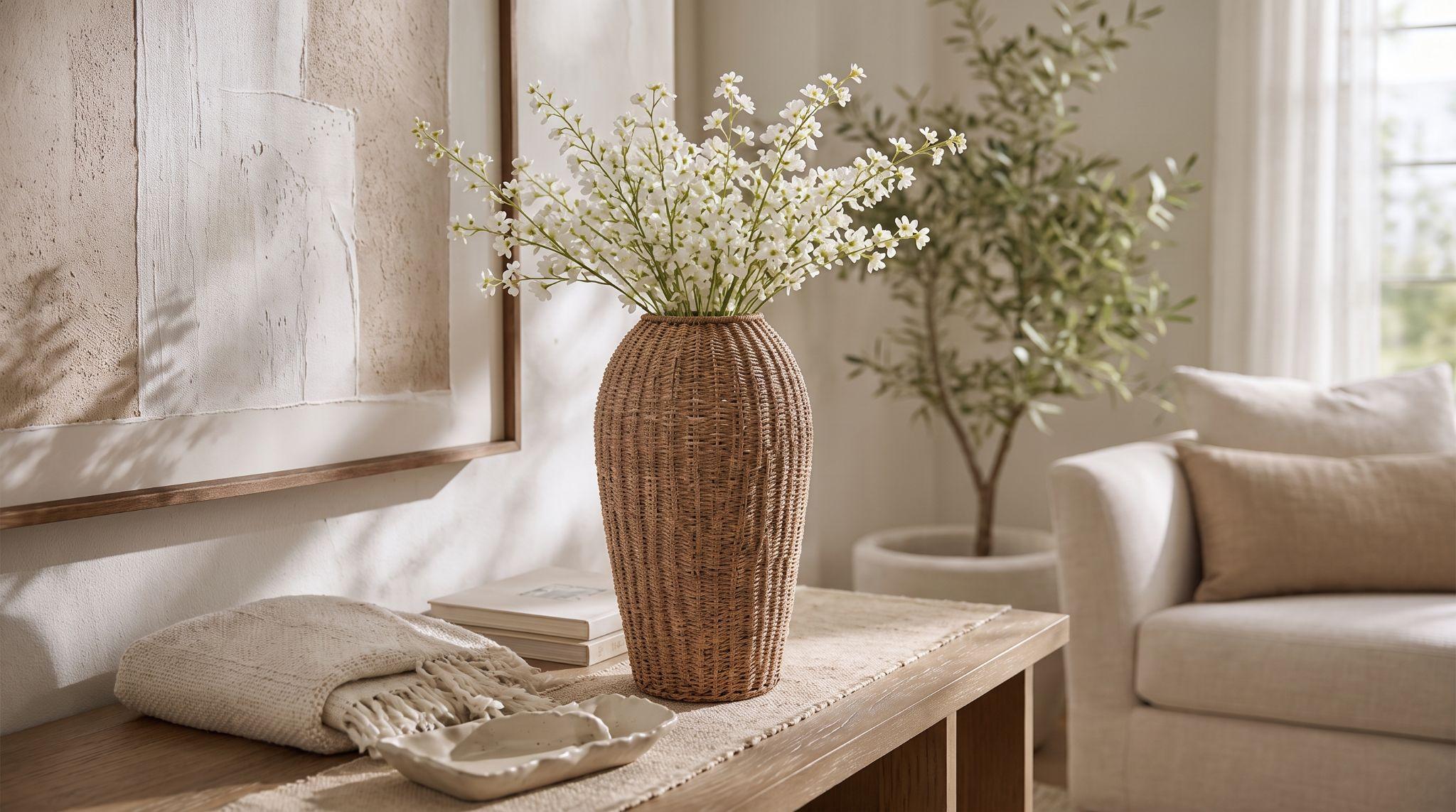 Woven vase with white blossoms styled on oak console table