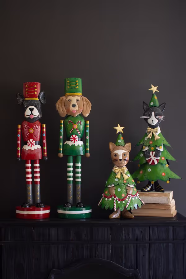 Set of 2 Painted Metal Cat Christmas Trees