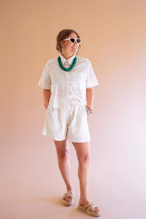 Eyelet Button Down Short Sleeve Shirt