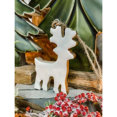 Wooden Hanging Reindeer w/ White Enamel 3x4in