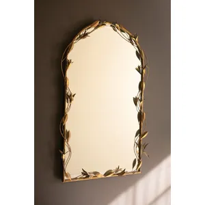 Tall Arched Antique Brass Framed Mirror with Leaves 4