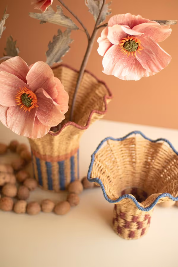 Set of 2 Twisted Paper Vases with Ruffled Rims