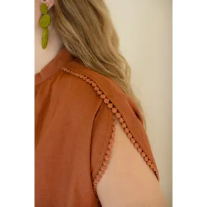 High-Neck Shortsleeve Blouse with Flat Pom-Pom Lace Detail / Cinnamon 3