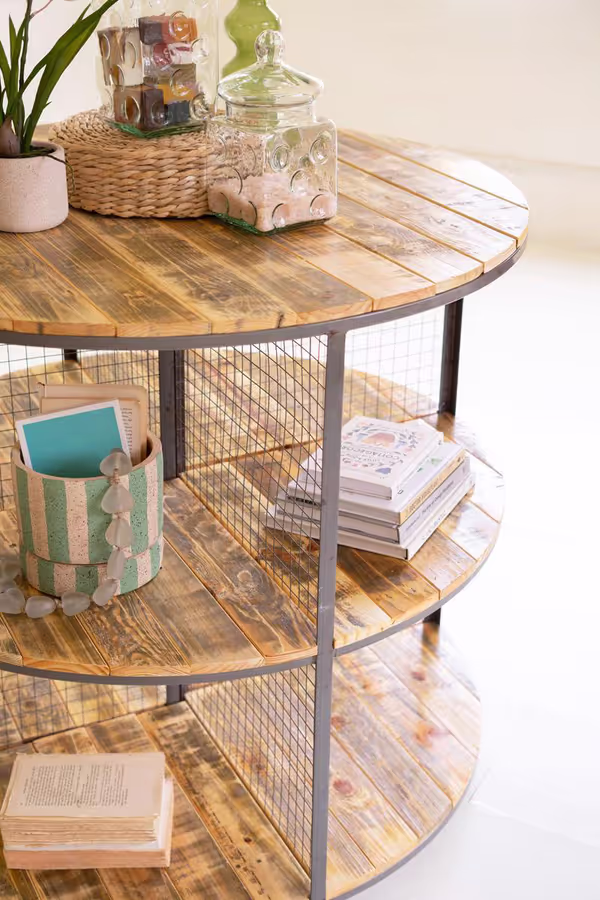 Round Iron and Wood Three-Tiered Display Unit