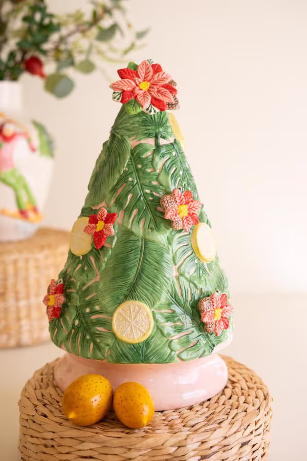 Ceramic Christmas Tree with Lemons and Poinsettias