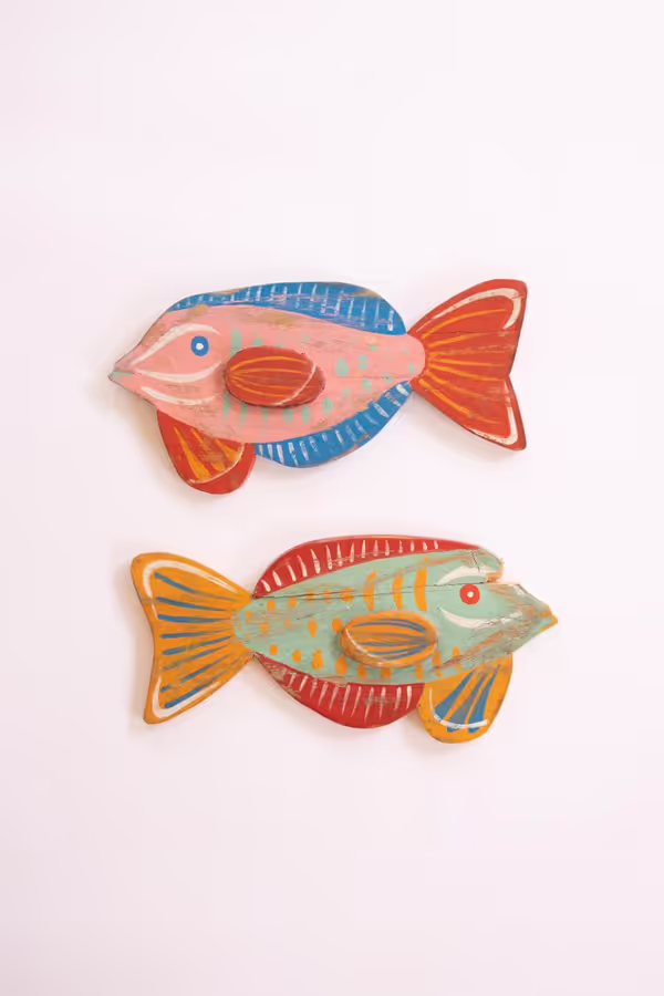 Set of 2 Colorful Wood Fish Wall Plaques