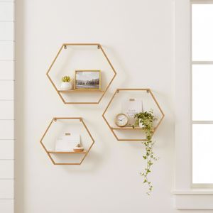 S/3 METAL/WOOD HEXAGON WALL SHELVES, GOLD 9