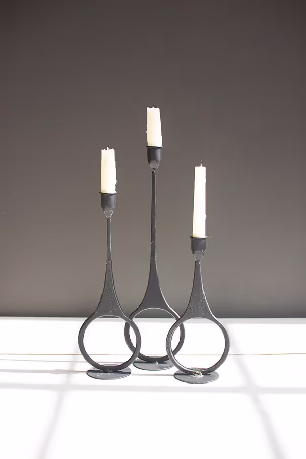 Set of 3 Cast Iron Taper Candle Holders with Ring Detail
