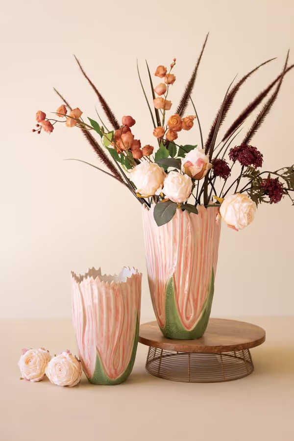 Set of 2 Pink and Green Ceramic Vases