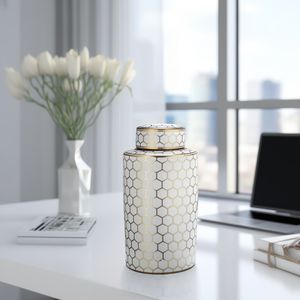 CER, 12" HONEYCOMB JAR W/ LID, GOLD 2