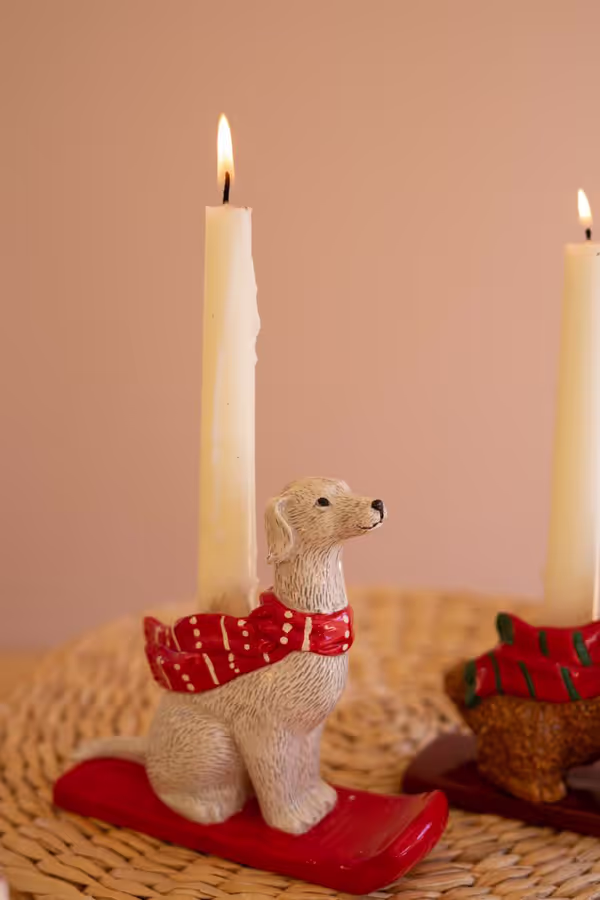 Set of 5 Ceramic Christmas Dog Taper Candle Holders