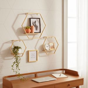 S/3 METAL/WOOD HEXAGON WALL SHELVES, GOLD 2