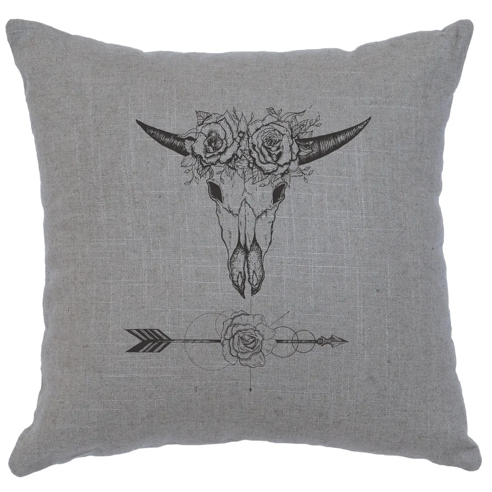 Image Pillow - Bull and Flowers - Linen Gray
