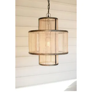Round Double Layered Woven Fiber and Metal Pendant Light 1