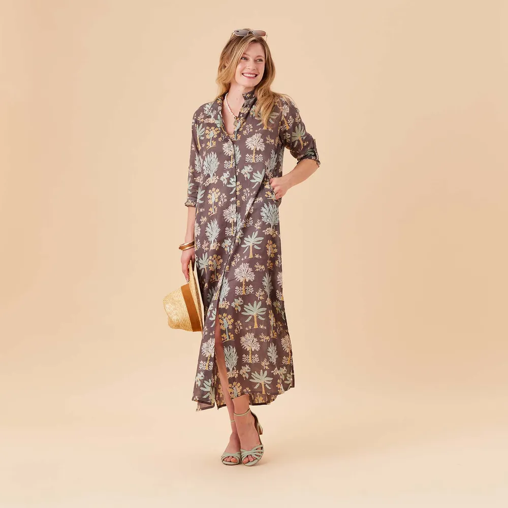 Island Grey Palm Cotton Long Shirt Dress