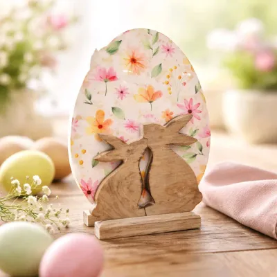 Wooden Egg with Enamel print and a Bunny on Base 10x8in