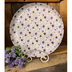 Metal Platter with an Enamel Purple Floral Print 12in 2